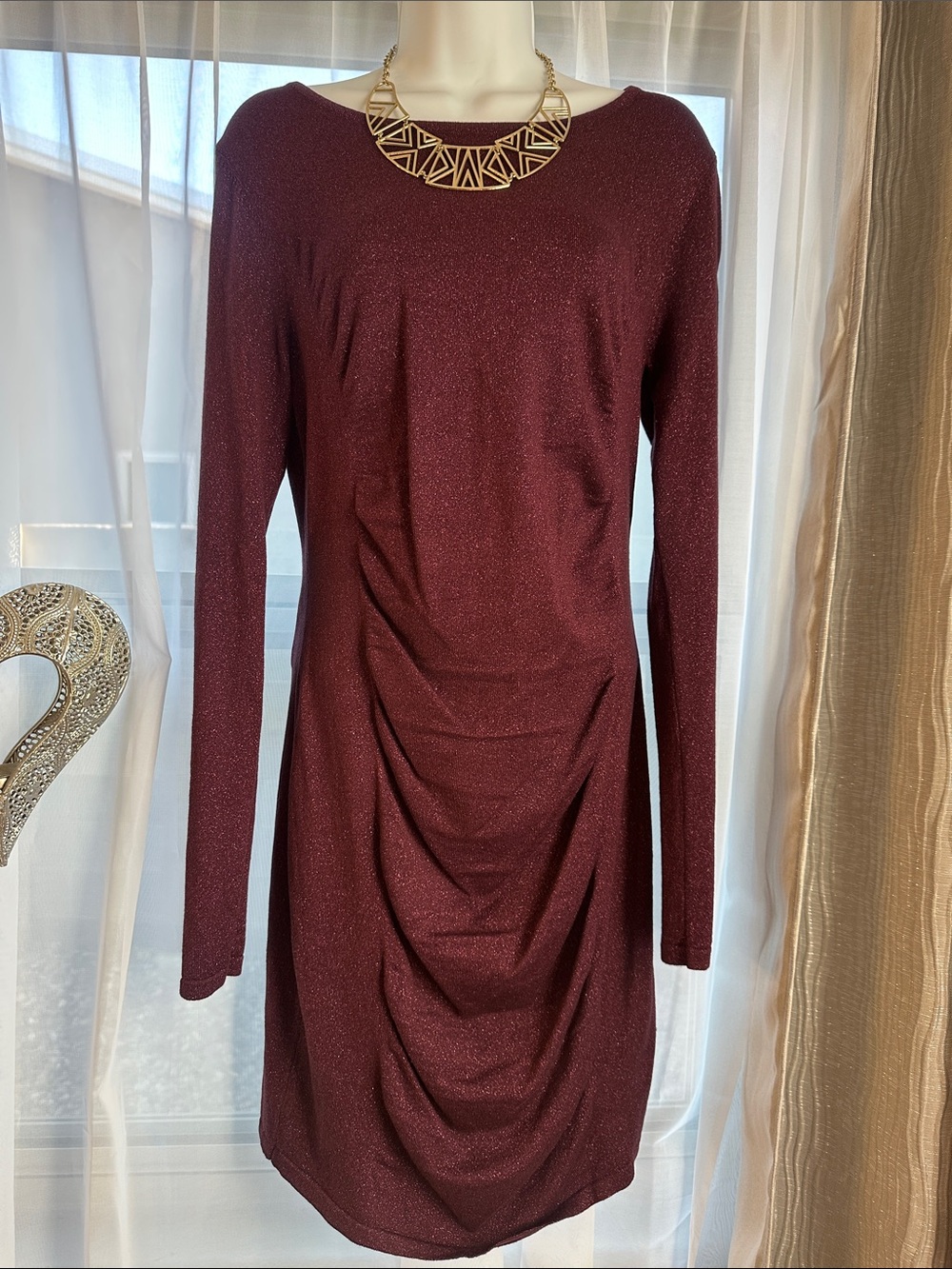 Express Long-Sleeve Ruched Dress in Burgundy Wine